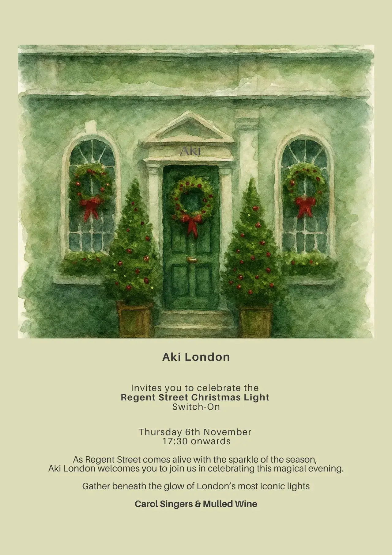 Aki London invitation for the Regent Street Christmas lights celebration.