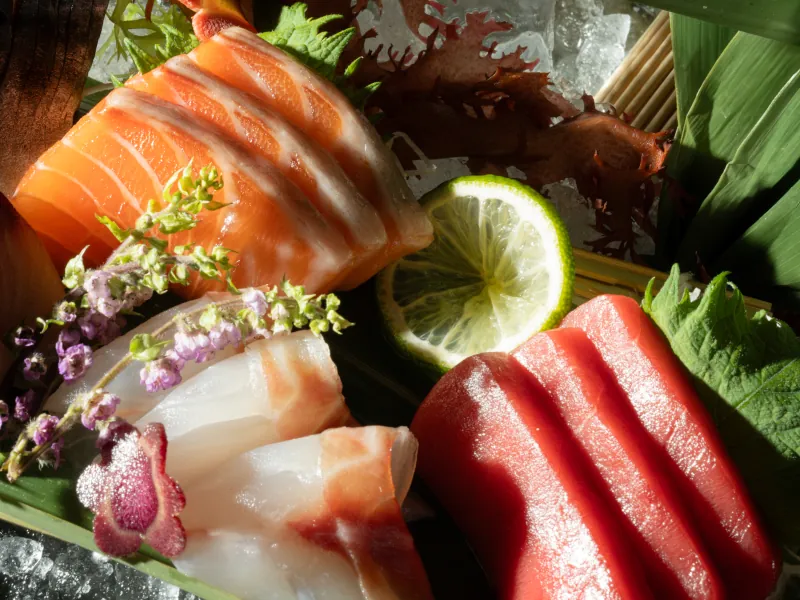 Healthy eating restaurant London - fresh oily fish sashimi platter with mackerel and salmon at Aki Cavendish Square