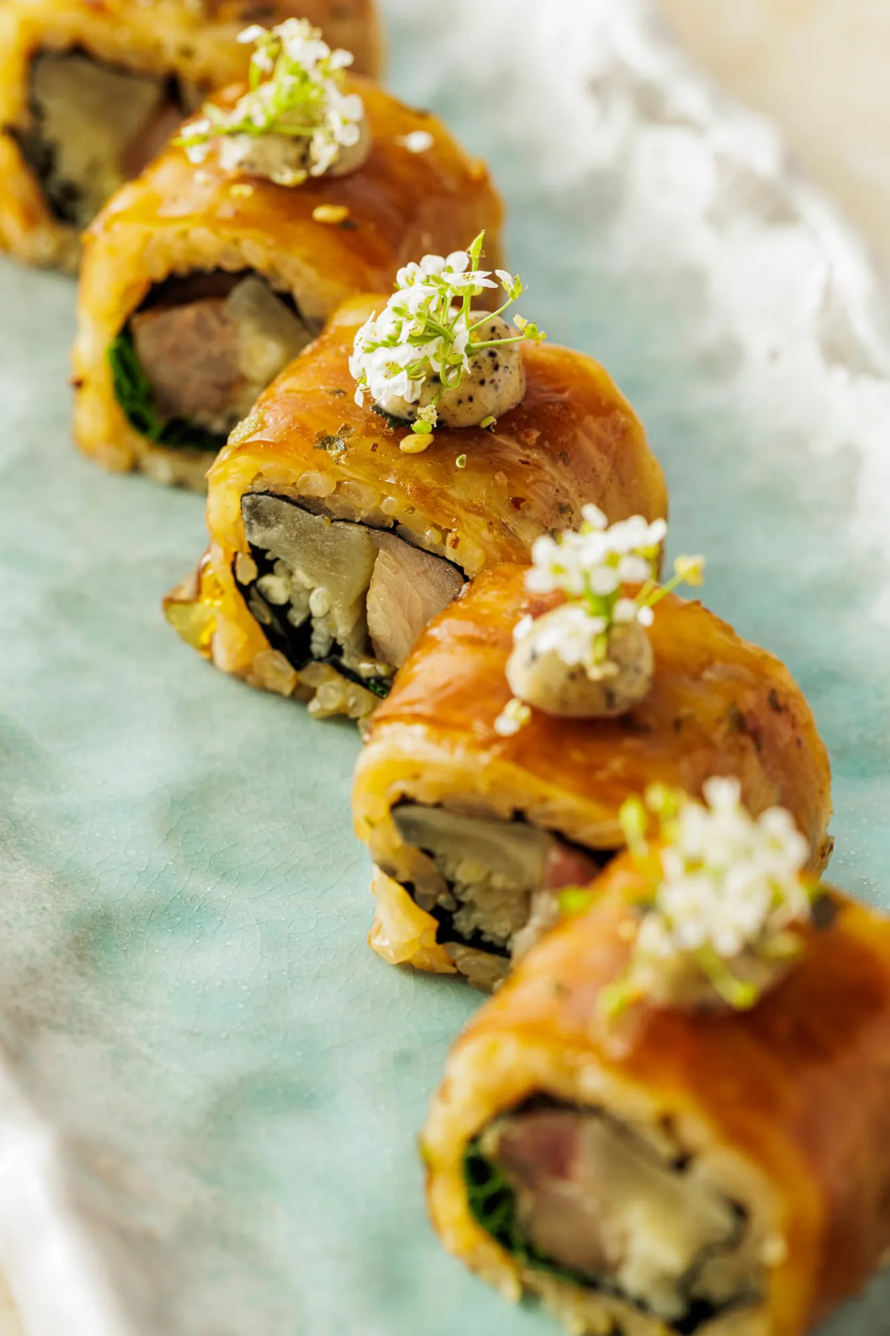 Artfully plated beef miyazki maki at Aki London, showcasing premium Japanese craftsmanship of our sushi in Marylebone