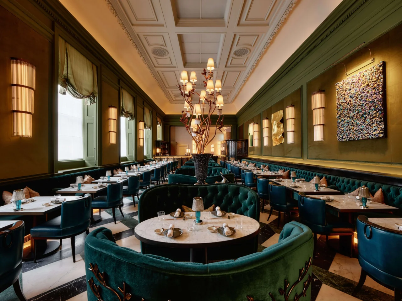 Aki London dining room in a Grade II listed former bank on Cavendish Square, Marylebone — the perfect anniversary dinner setting with soaring ceilings and marble